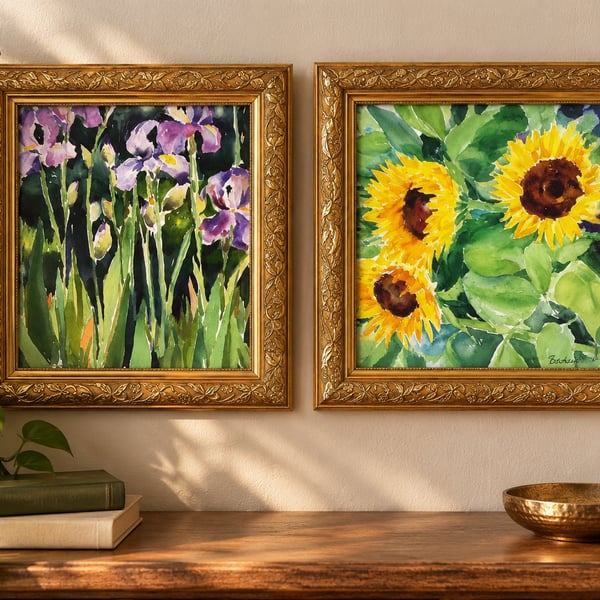 Floral Watercolor Art Prints Set Of 2 Gold Frames