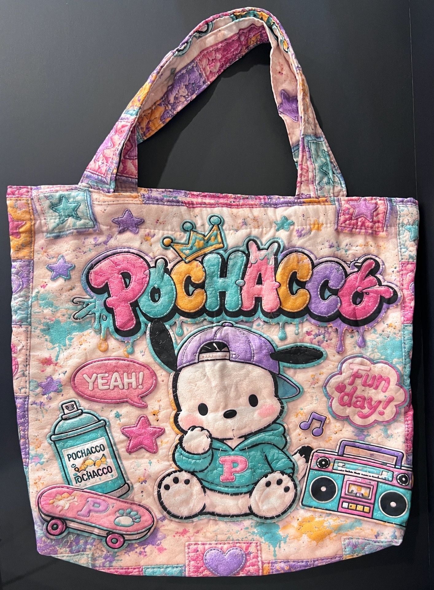 Sanrio Pochacco Quilted Tote Bag Multi-Color Graffiti Graphic Print 2