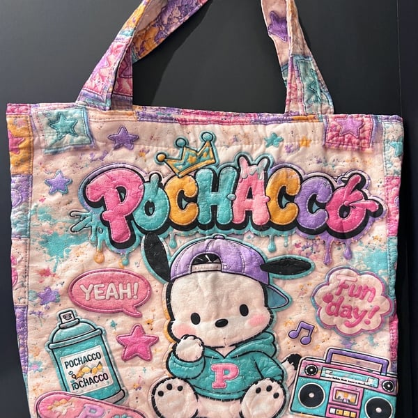Sanrio Pochacco Quilted Tote Bag Multi-Color Graffiti Graphic Print