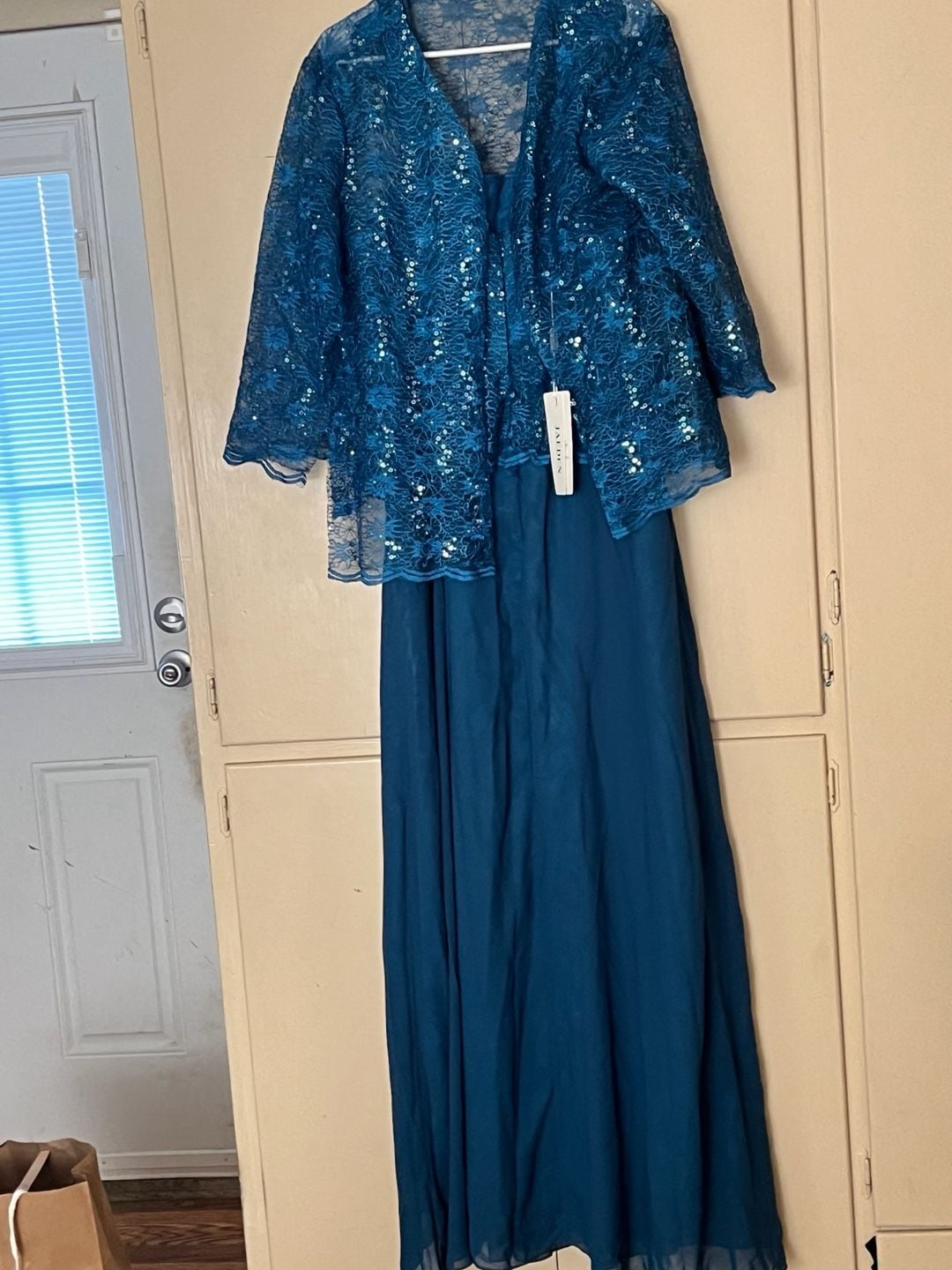 NWT: Jaeden 2-Piece Teal Evening Dress with Chiffon Sequin Lace Jacket - Size 18 2