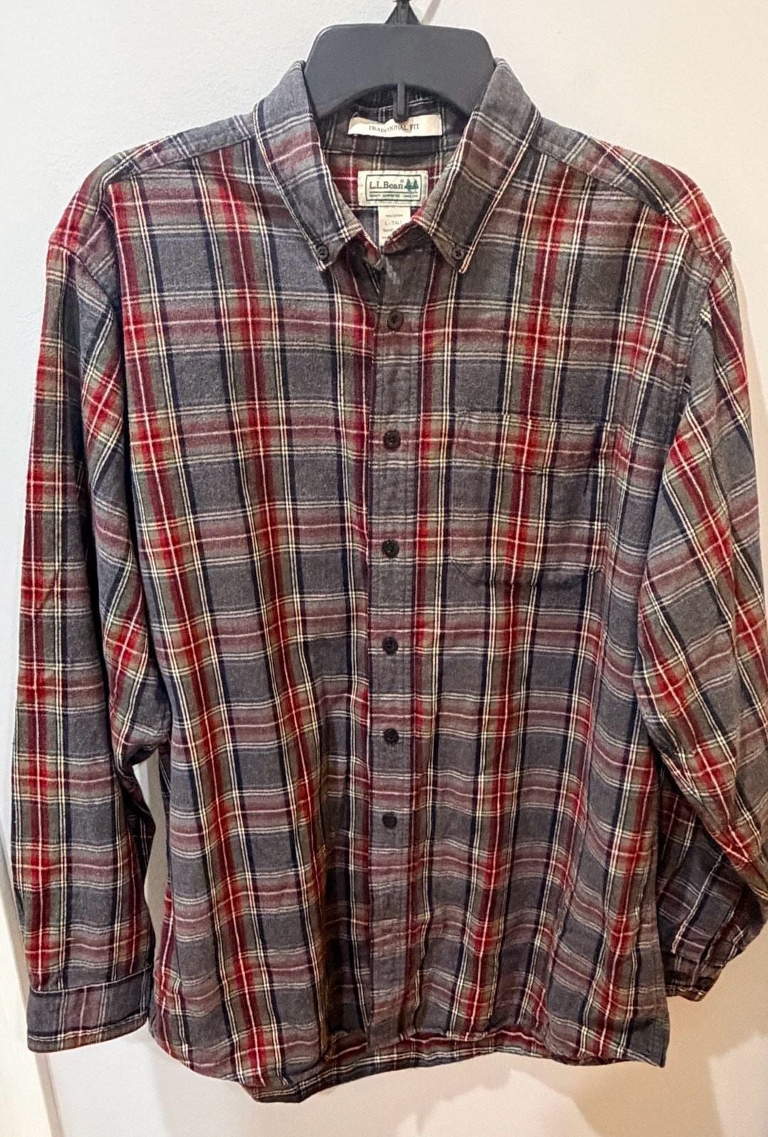 L.L. Bean Flannel Shirt Size L-Tall Gray Plaid 100% cotton 2