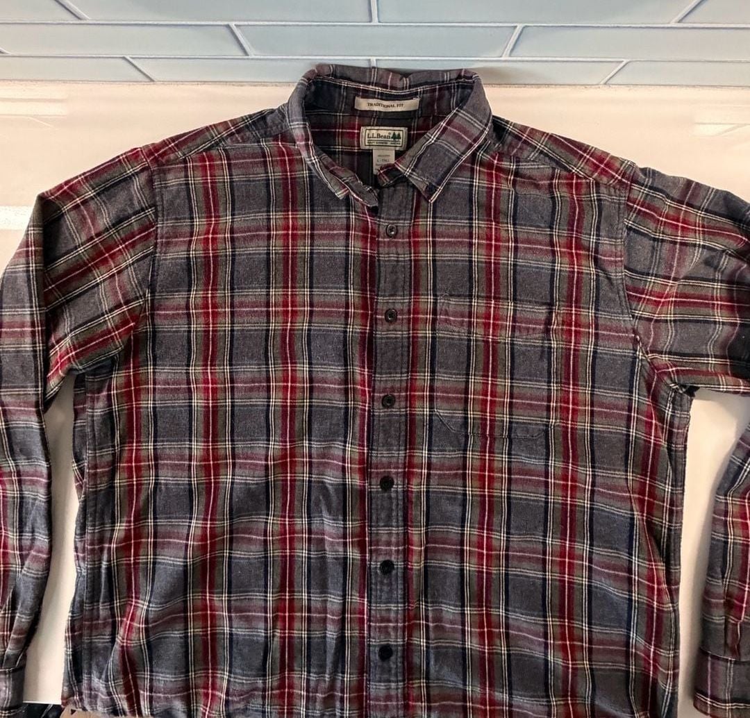L.L. Bean Flannel Shirt Size L-Tall Gray Plaid 100% cotton 4