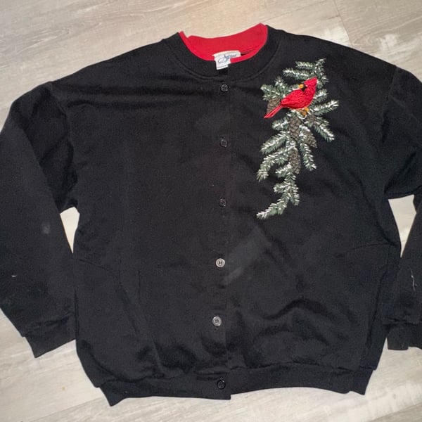 Made in USA Artisans Sunchein Designs Button Cardigan Christmas Sweater Cardinal