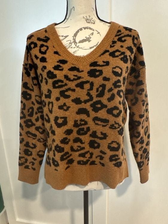 Knox Rose Leopard Print V-Neck Sweater Size S Brown Knit Pullover 2