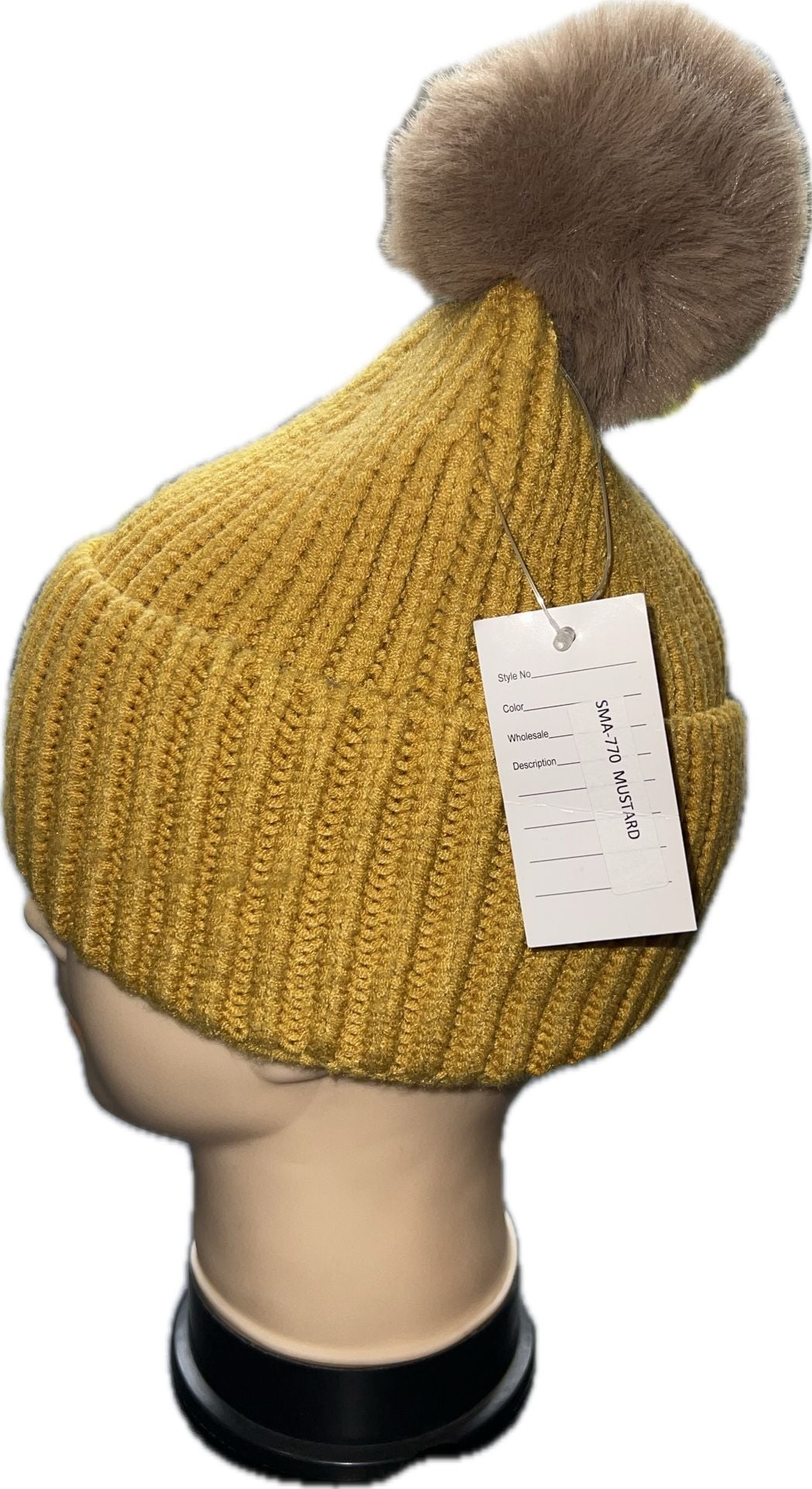 Steve Madden Mustard Yellow Ribbed Knit Beanie Faux Fur Pom Pom NWT 7