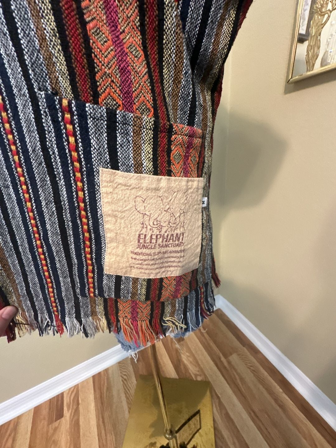 Elephant Jungle Sanctuary Baja Poncho Size M Striped Boho V-Neck 5