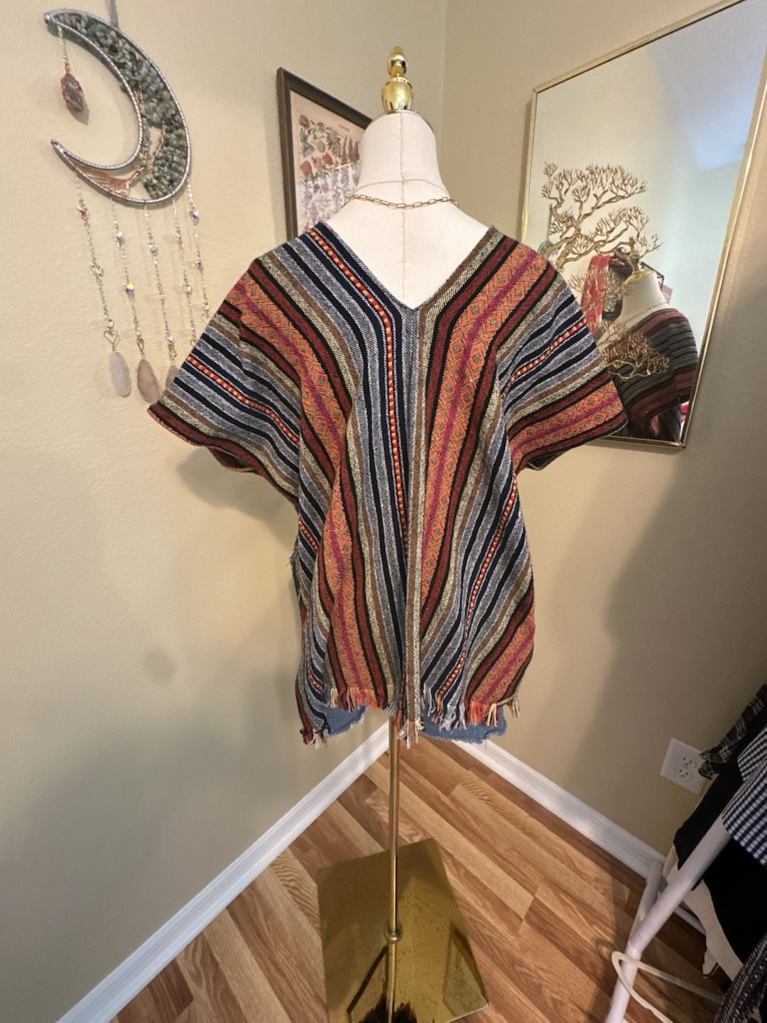 Elephant Jungle Sanctuary Baja Poncho Size M Striped Boho V-Neck 6