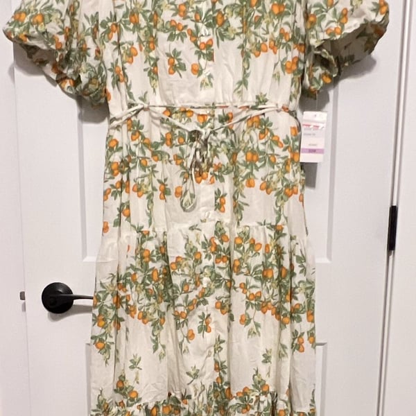 Taylor Maxi Dress Size 22W Ivory Sunset Orange Citrus Print Puff Sleeve