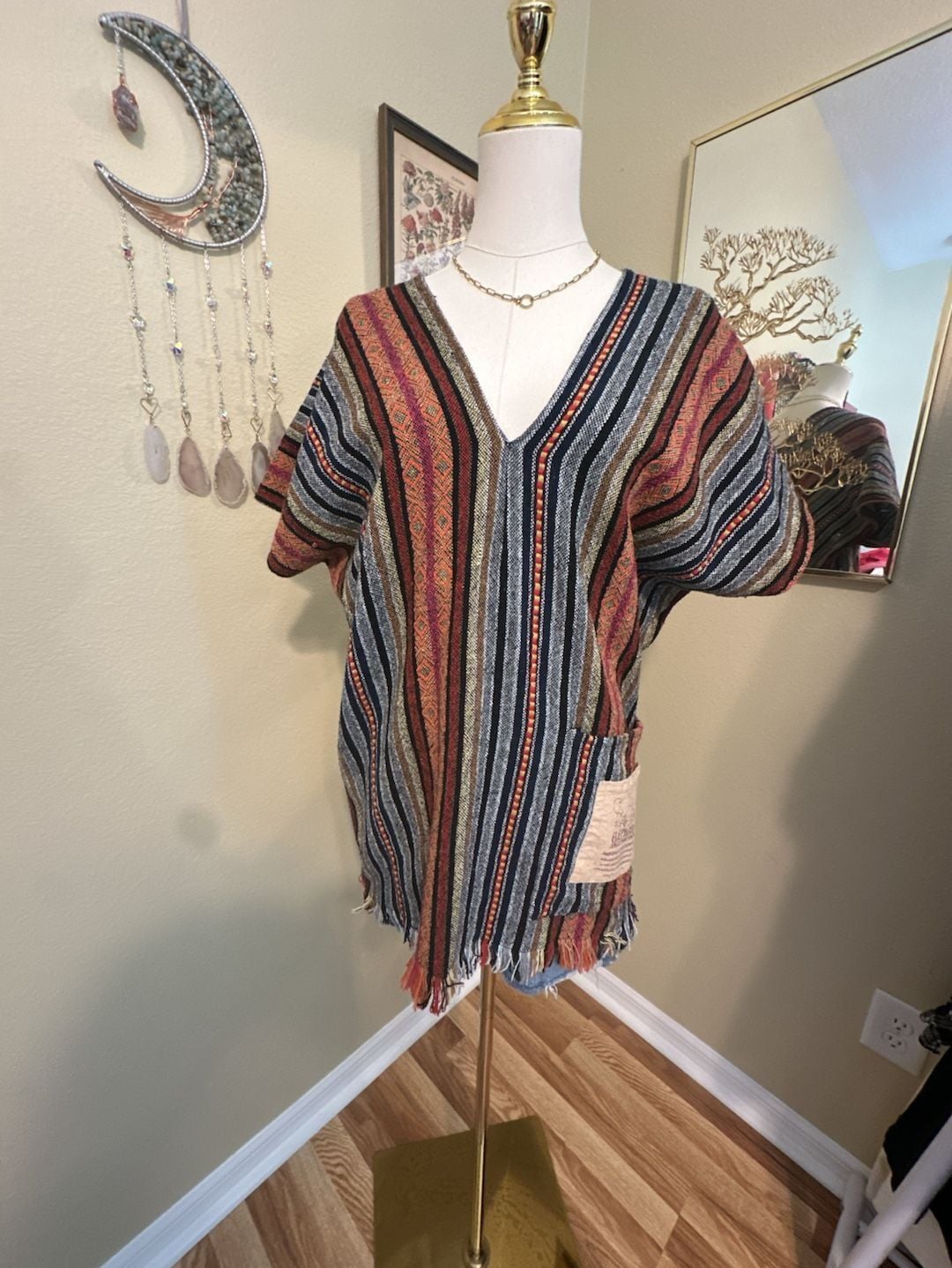 Elephant Jungle Sanctuary Baja Poncho Size M Striped Boho V-Neck 4