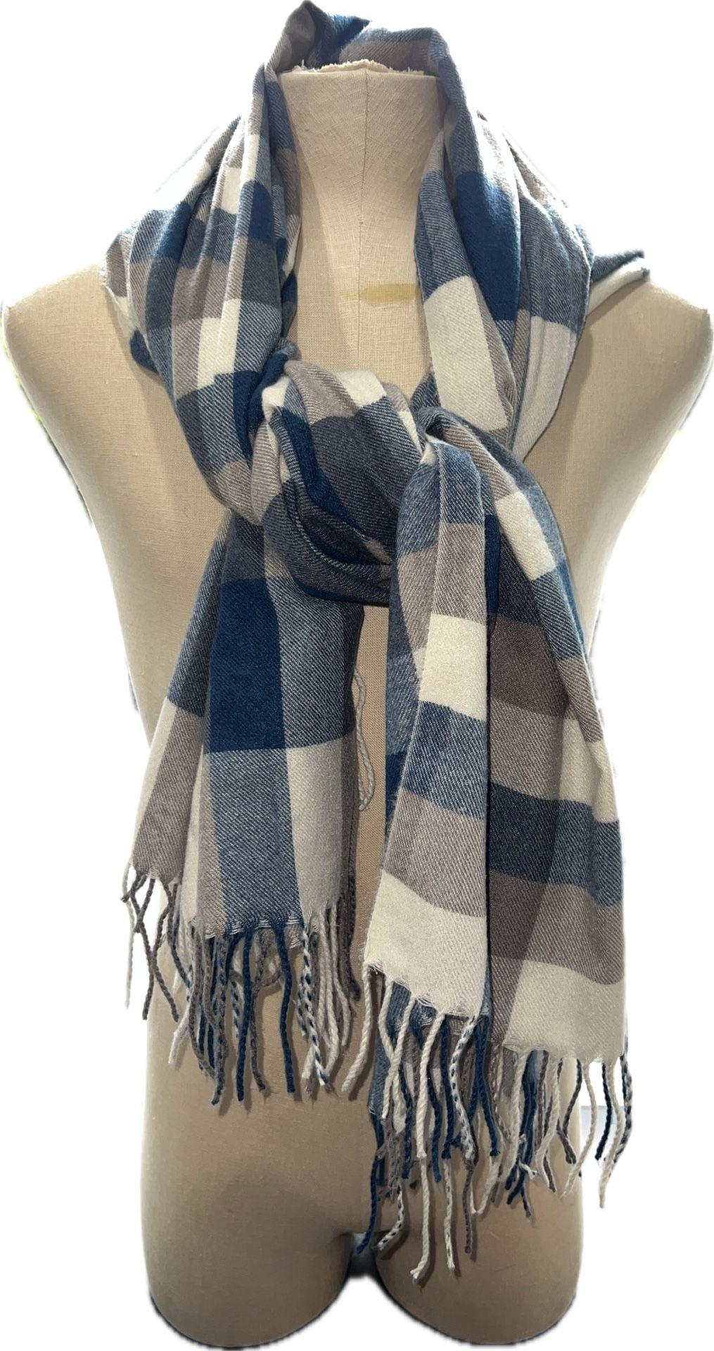 Steve Madden Plaid Scarf Blue Gray Ivory Fringe Wrap Shawl NWOT 1