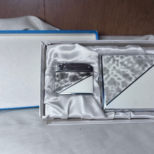 Penguin Lighter and Cigarette Case Set Art Deco Enamel in Box