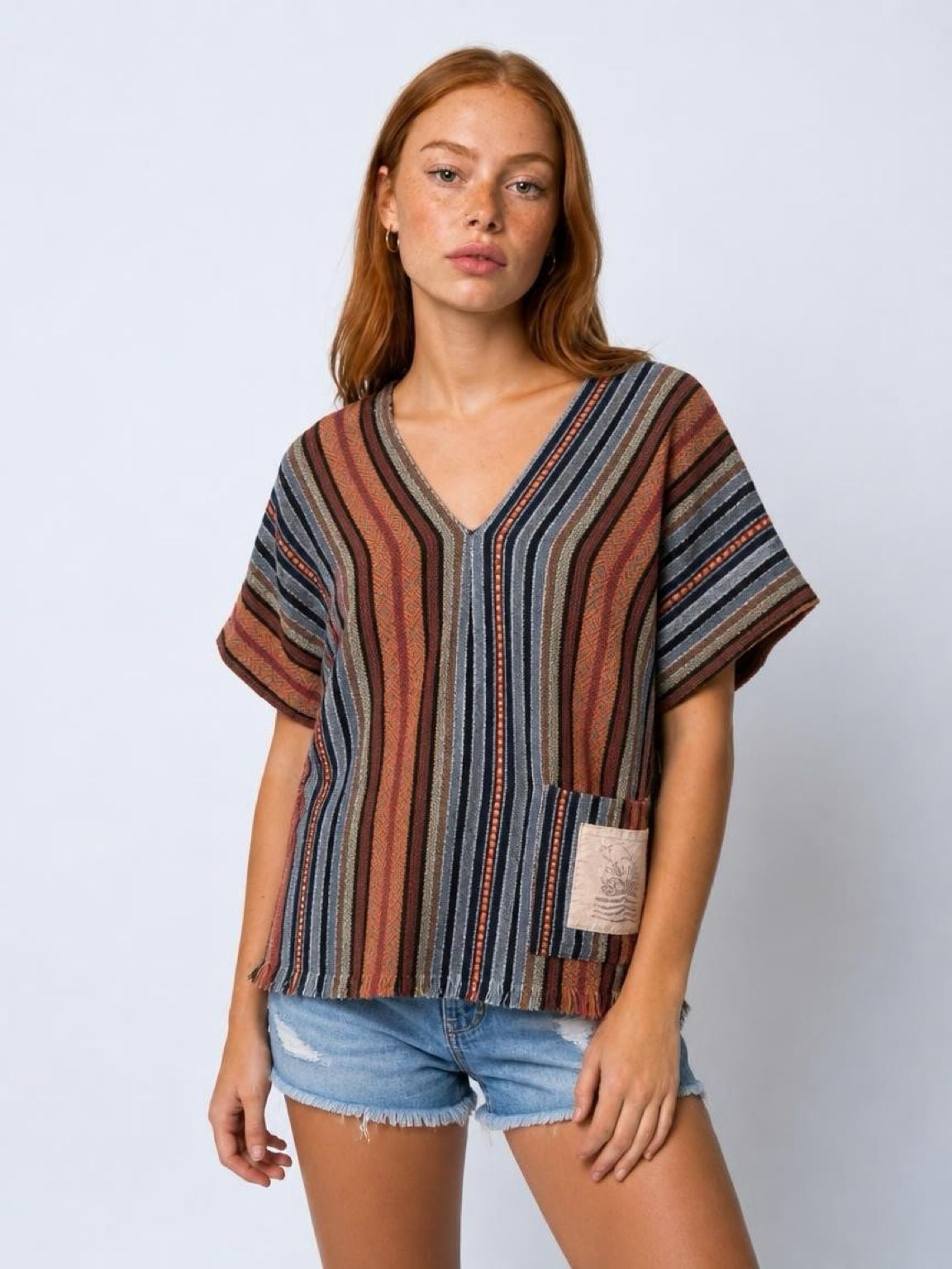 Elephant Jungle Sanctuary Baja Poncho Size M Striped Boho V-Neck 2