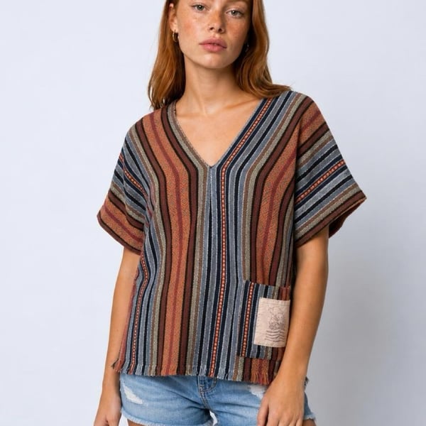 Elephant Jungle Sanctuary Baja Poncho Size M Striped Boho V-Neck