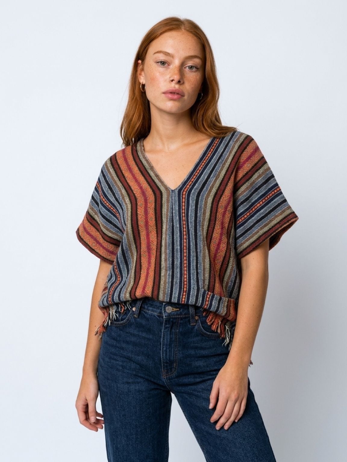Elephant Jungle Sanctuary Baja Poncho Size M Striped Boho V-Neck 3
