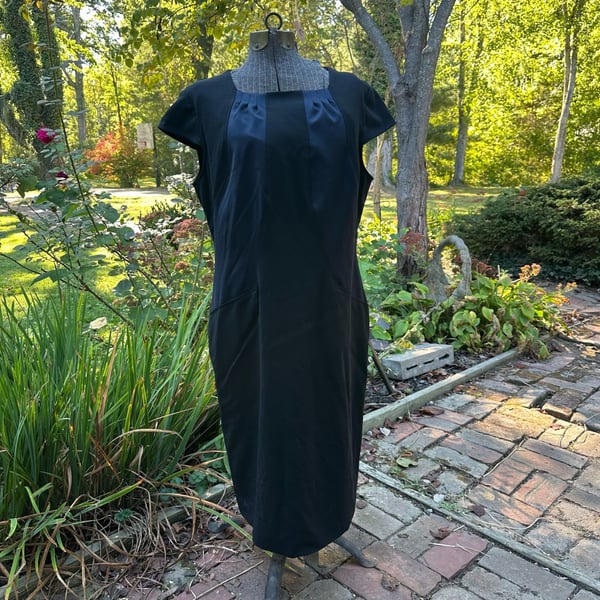 Loft Midi Dress Black Blue Cap Sleeve Pocket Sheath Size L