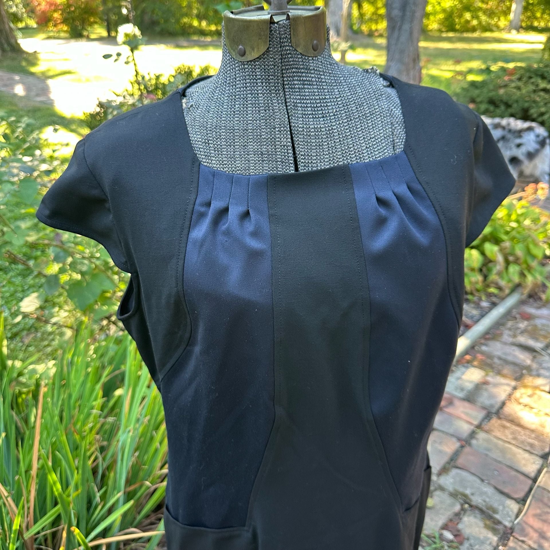 Loft Midi Dress Black Blue Cap Sleeve Pocket Sheath Size L 3