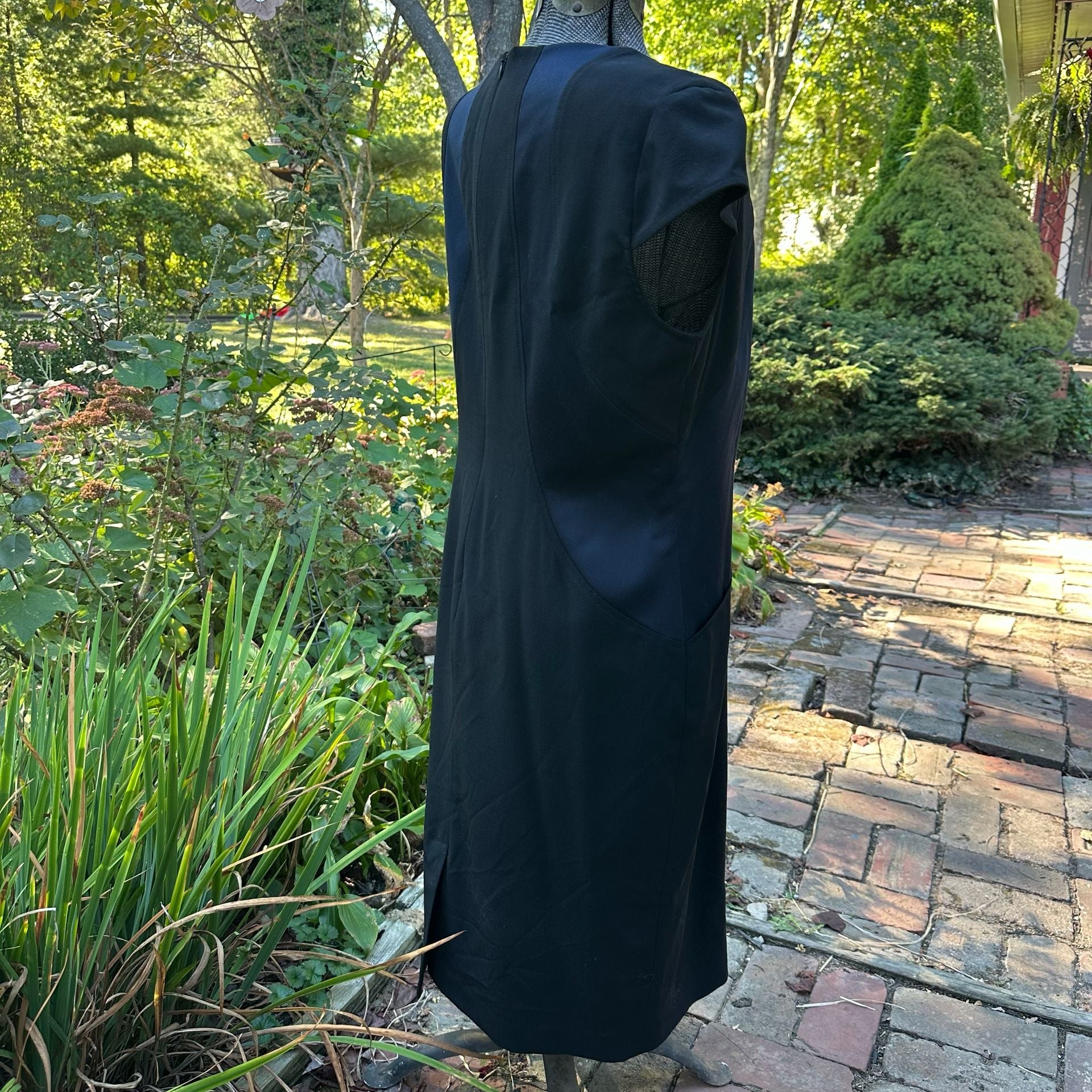 Loft Midi Dress Black Blue Cap Sleeve Pocket Sheath Size L 4