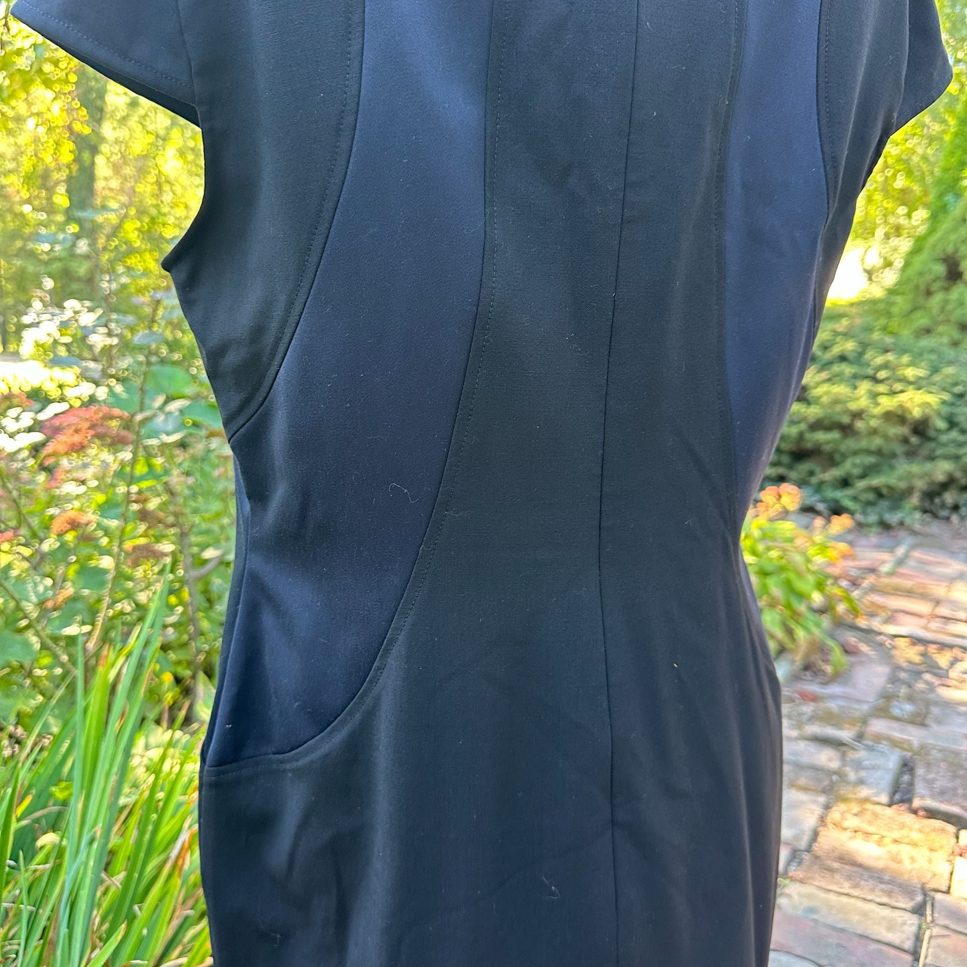 Loft Midi Dress Black Blue Cap Sleeve Pocket Sheath Size L 6
