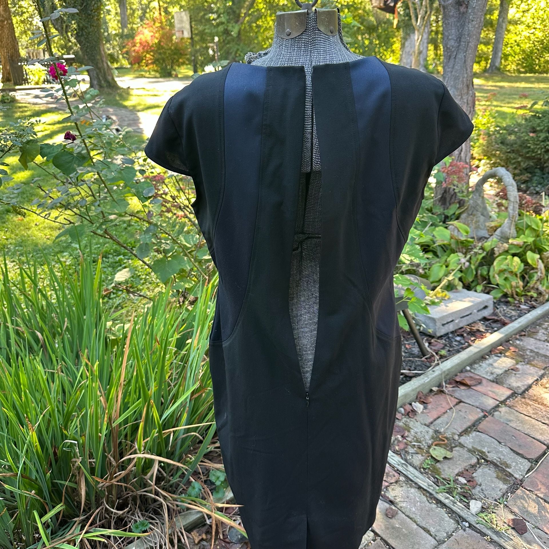 Loft Midi Dress Black Blue Cap Sleeve Pocket Sheath Size L 8