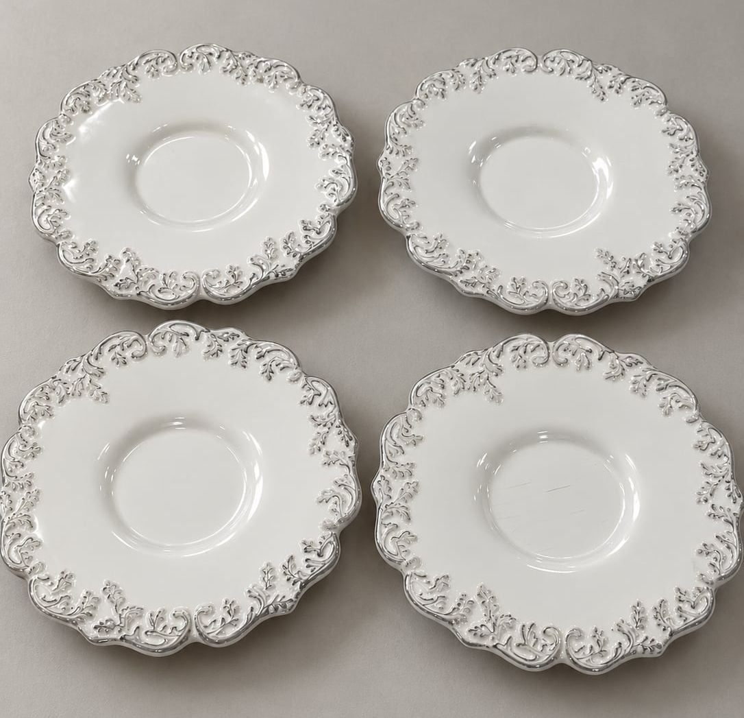 Côté Table White Embossed Floral Scalloped Saucer Plates, Set of 4 1