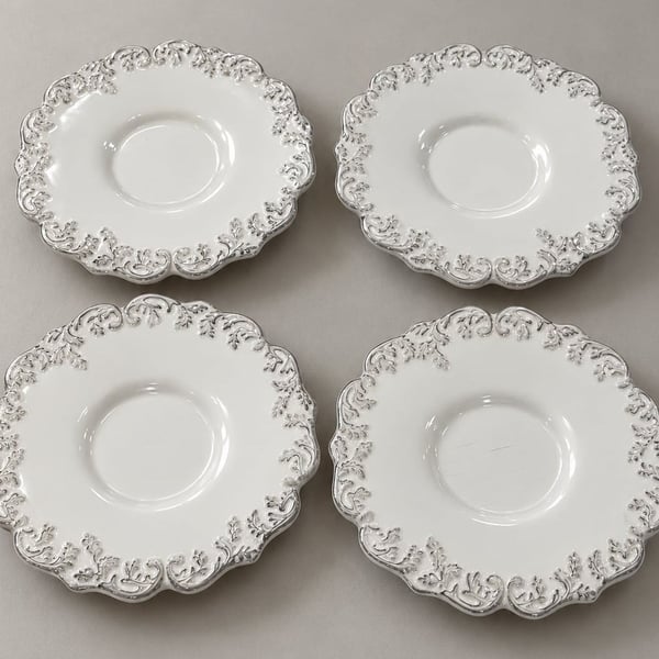 Côté Table White Embossed Floral Scalloped Saucer Plates, Set of 4