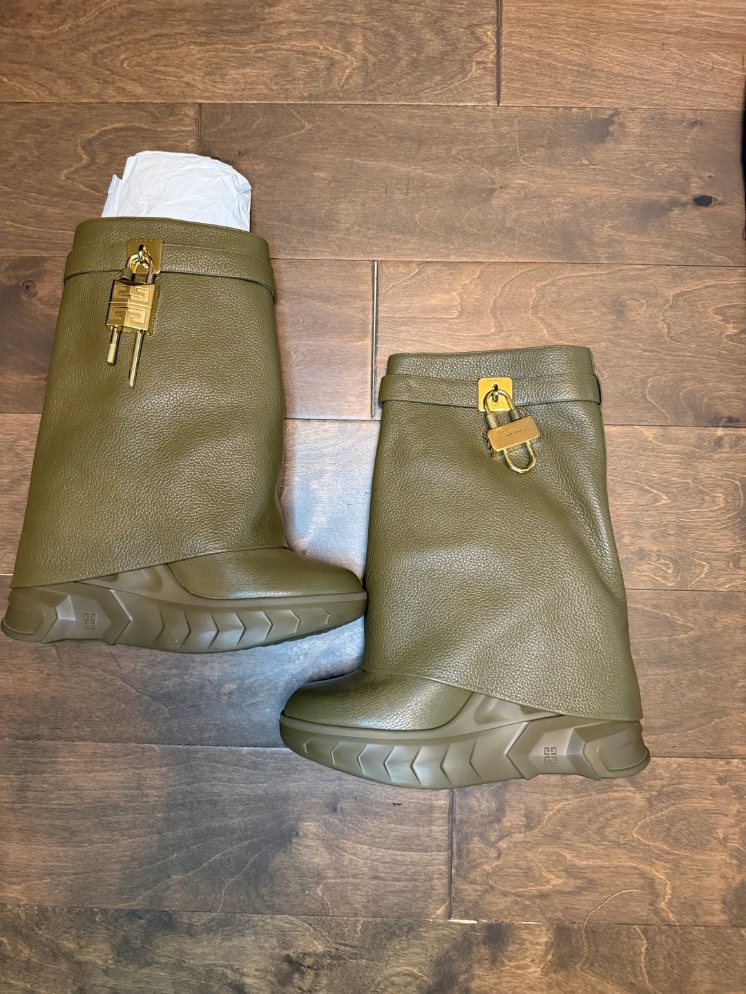 Givenchy Shark Lock Leather Boots Green 2