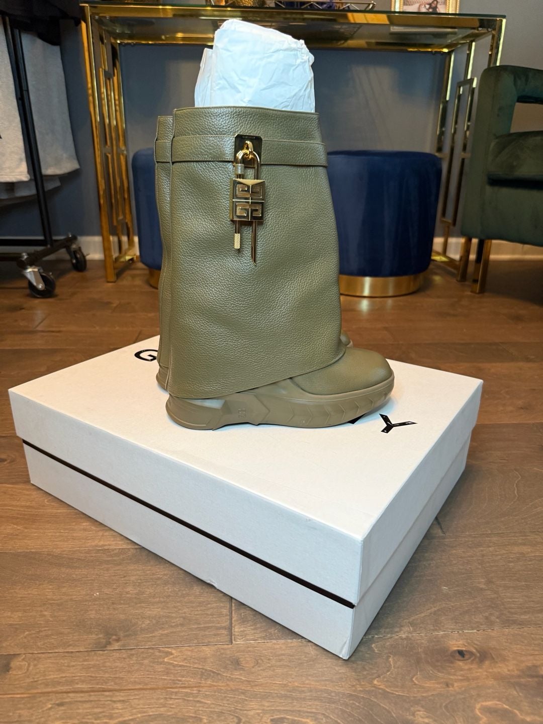Givenchy Shark Lock Leather Boots Green 10
