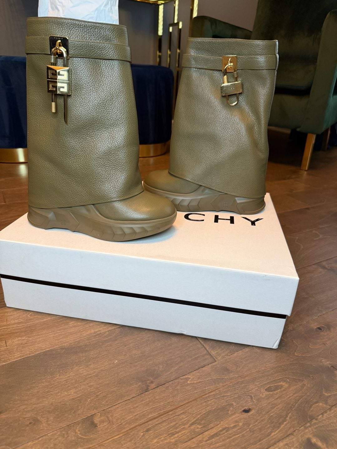Givenchy Shark Lock Leather Boots Green 12