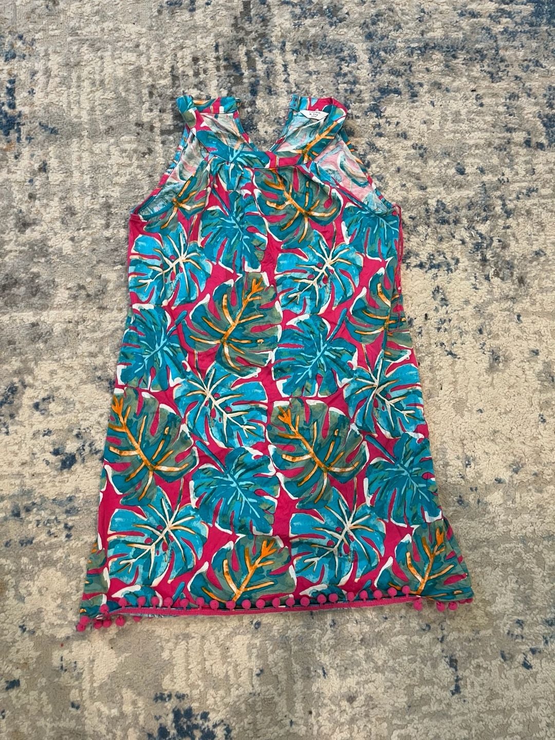 Crown & Ivy Tropical Leaf Dress Petite Pom Pom Hem Pink Blue 2