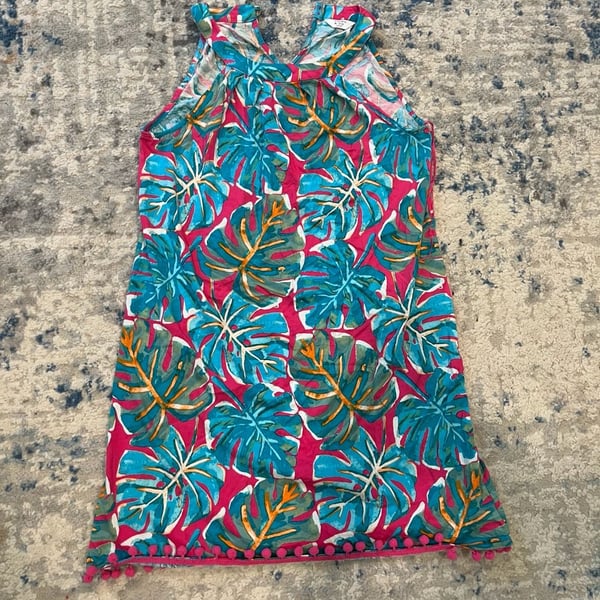 Crown & Ivy Tropical Leaf Dress Petite Pom Pom Hem Pink Blue