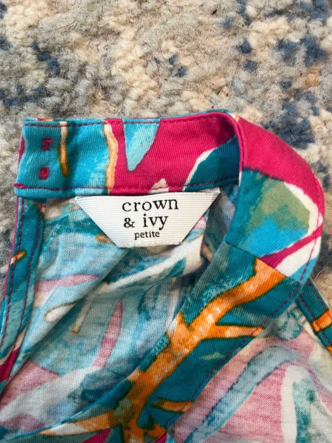 Crown & Ivy Tropical Leaf Dress Petite Pom Pom Hem Pink Blue 3