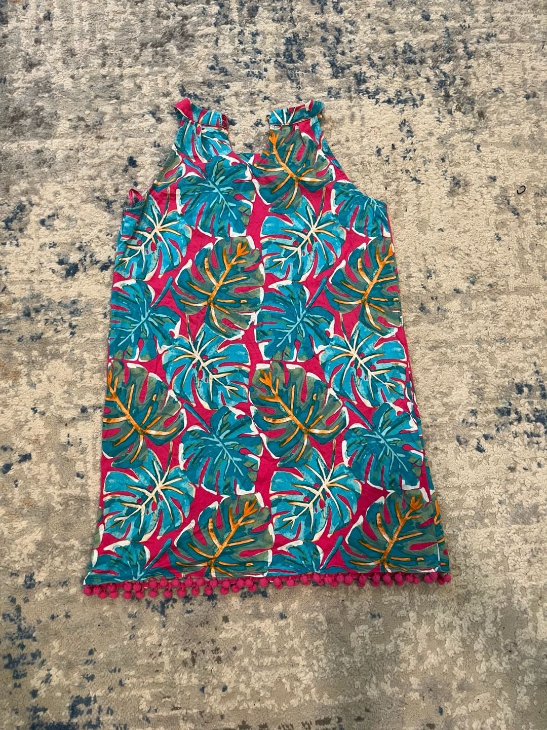 Crown & Ivy Tropical Leaf Dress Petite Pom Pom Hem Pink Blue 4