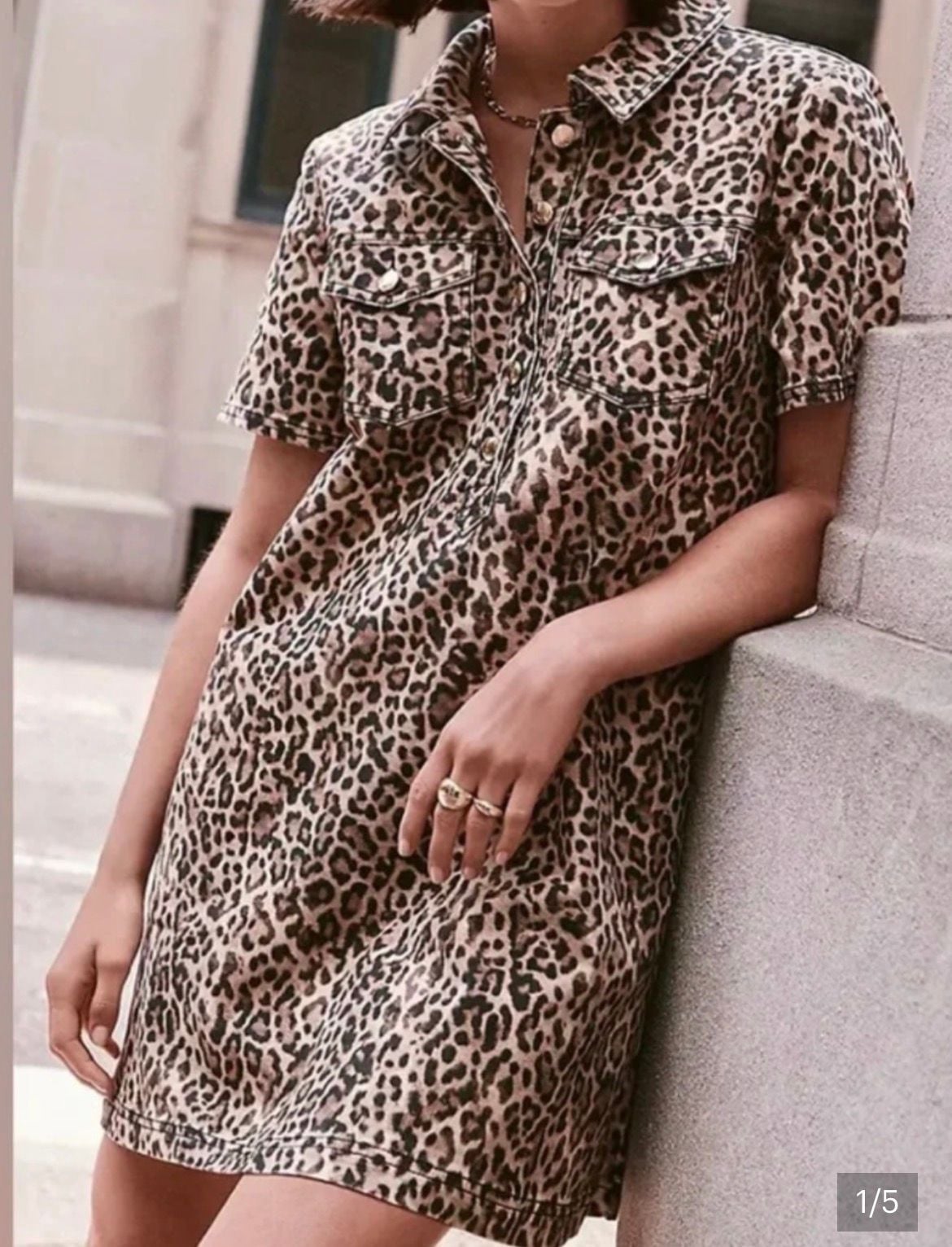 NWT: LOFT Leopard Print Denim Dress Short Sleeve Popover Pocket - Size M 2