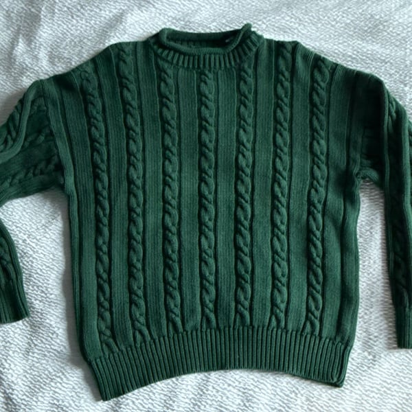 GAP VINTAGE FISHERMAN CABLE KNIT SWEATER MADE IN UK 100% COTTON GREEN SIZE XL