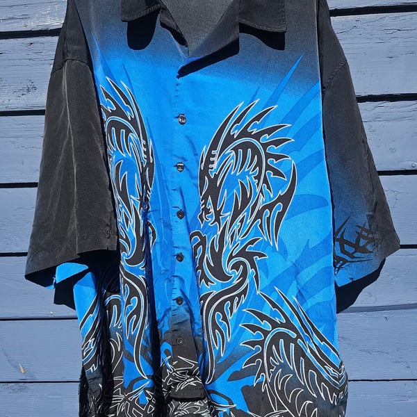AMPLIFY Button Down Shirt Size XXL Blue Black Dragon Y2K