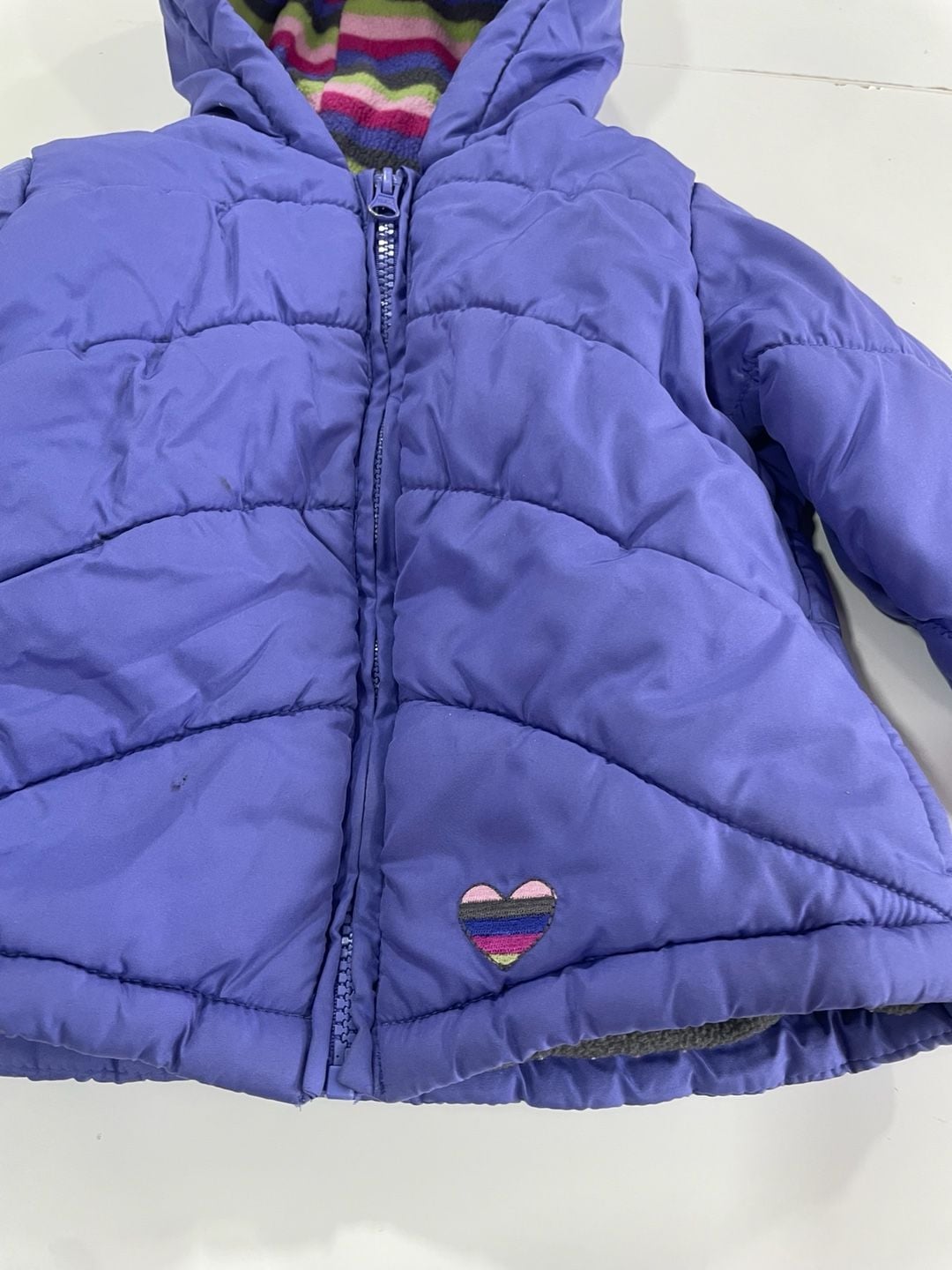 London Fog Winter Puffer Jacket Size 2T Purple Striped Fleece Hood 4