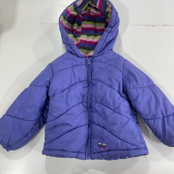 London Fog Winter Puffer Jacket Size 2T Purple Striped Fleece Hood