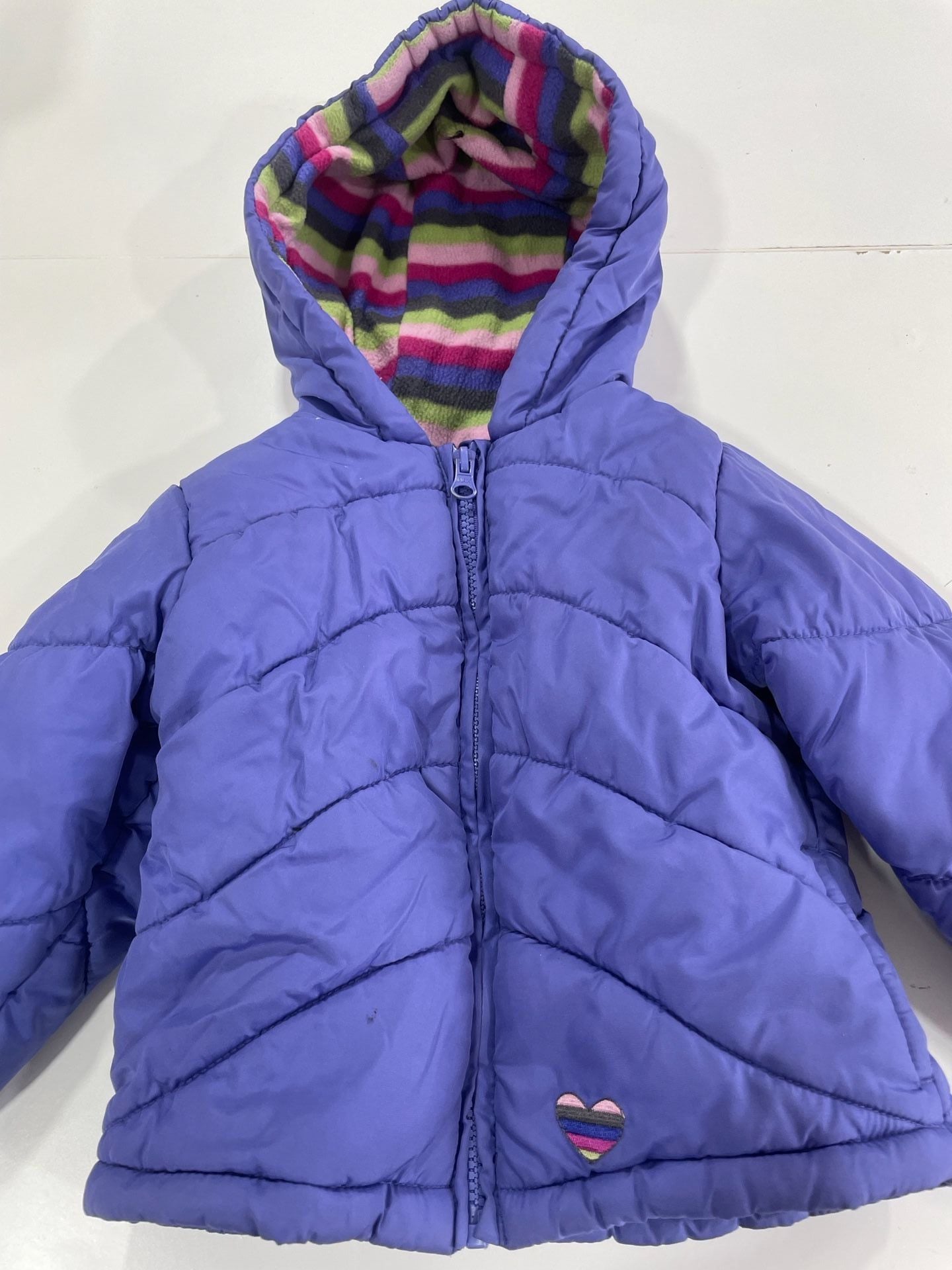 London Fog Winter Puffer Jacket Size 2T Purple Striped Fleece Hood 3