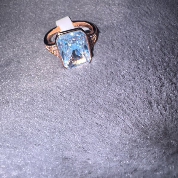 Bomb Party Ring Size 9 Rose Gold Tone Emerald Cut Light Blue Stone