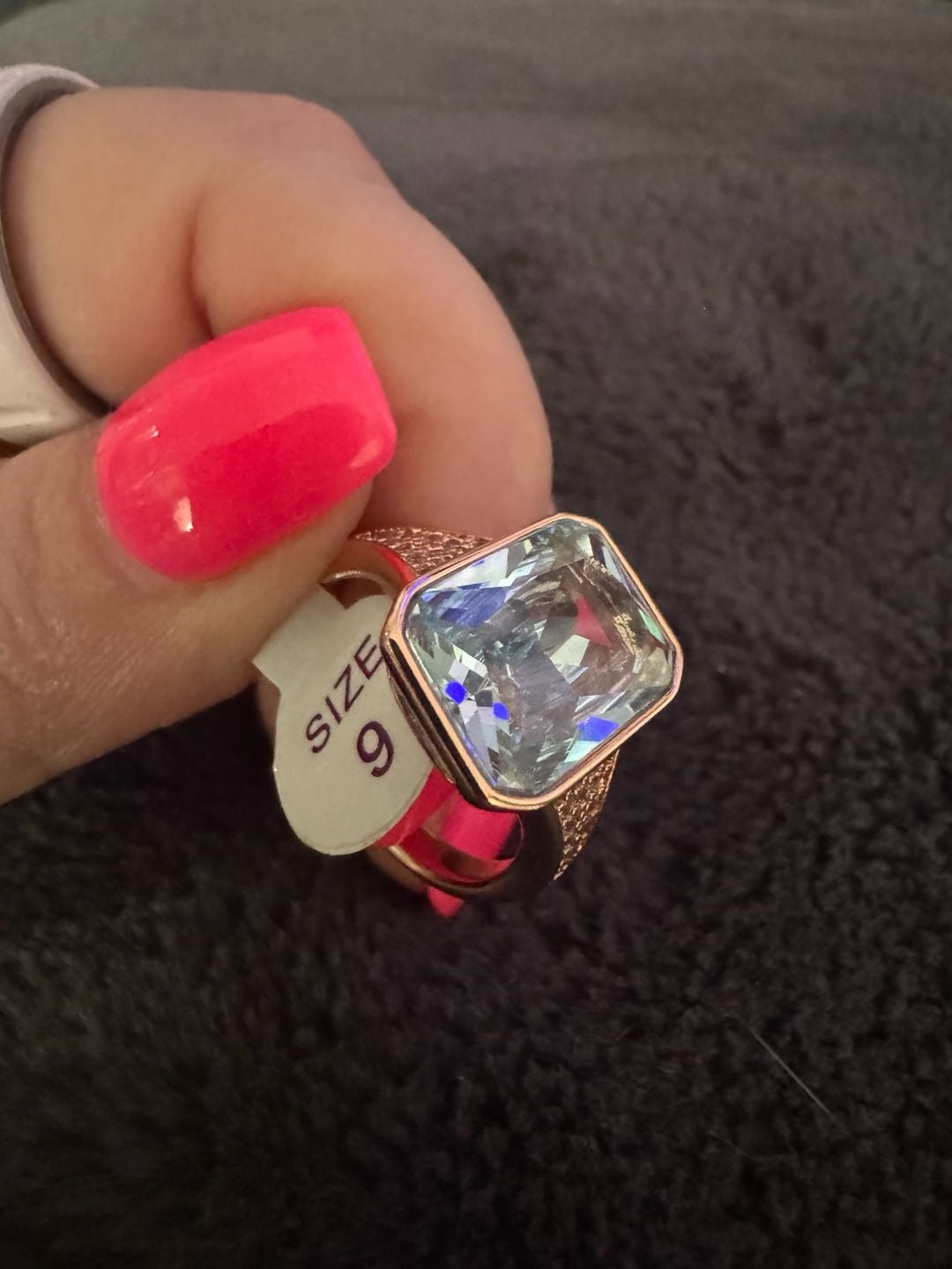 Bomb Party Ring Size 9 Rose Gold Tone Emerald Cut Light Blue Stone 4