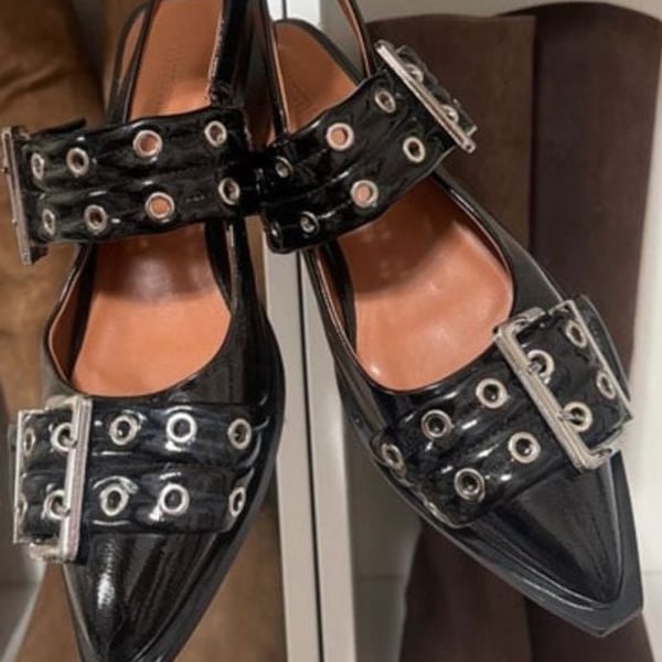 Patent Leather Buckle Slingback Flats Size 8 Black Pointed Toe
