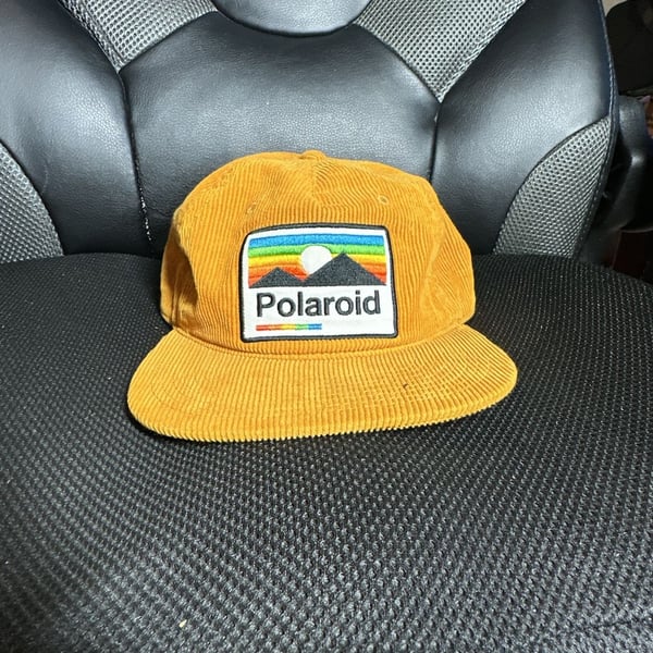 Polaroid Snapback Hat Mustard Yellow Corduroy Rainbow Mountain Patch