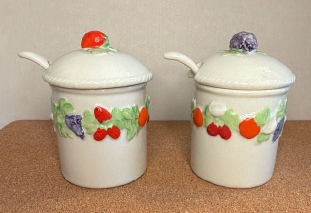 Vintage Ceramic Jam Jelly Jar Set Fruit Motif Lids With Spoons & Tray 7