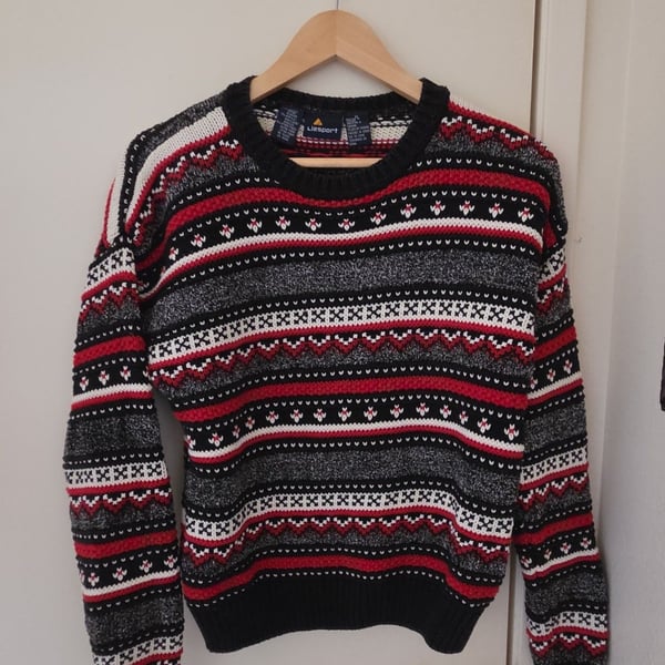 Lizsport Fair Isle Sweater Size M Black Red White Crewneck