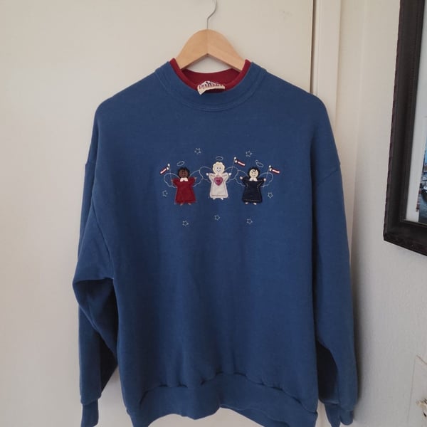 Vintage Top Stitch by Morning Sun Angel Crewneck Sweatshirt Blue