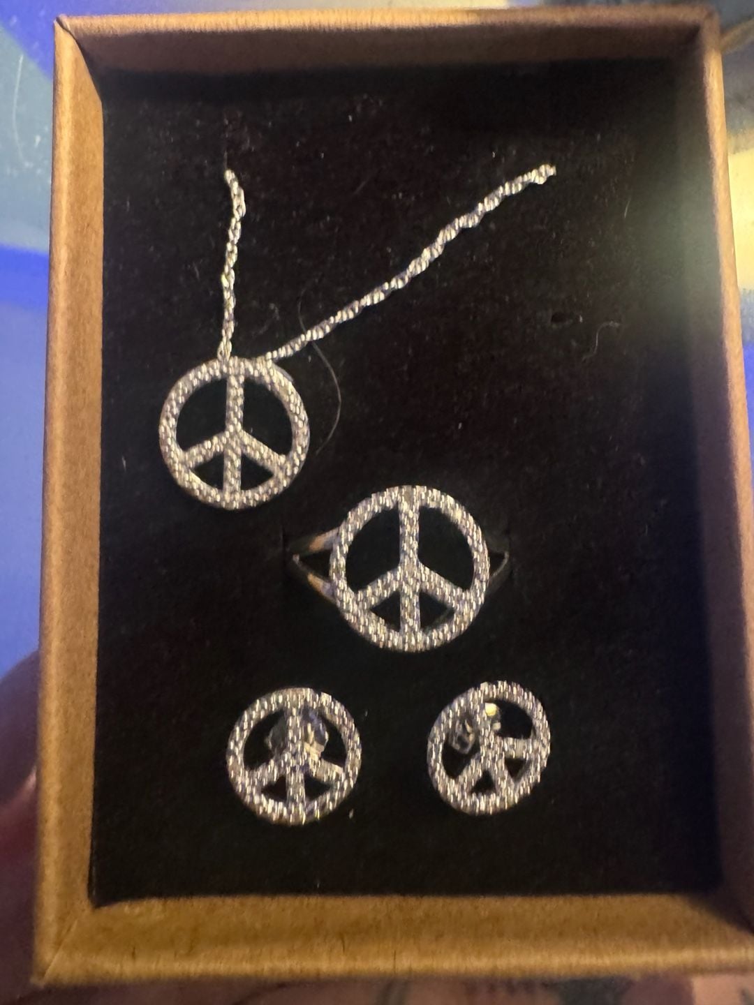 Silver Diamond Pave Peace Sign Jewelry Set Necklace Ring Earrings 1