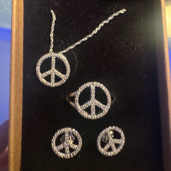 Silver Diamond Pave Peace Sign Jewelry Set Necklace Ring Earrings