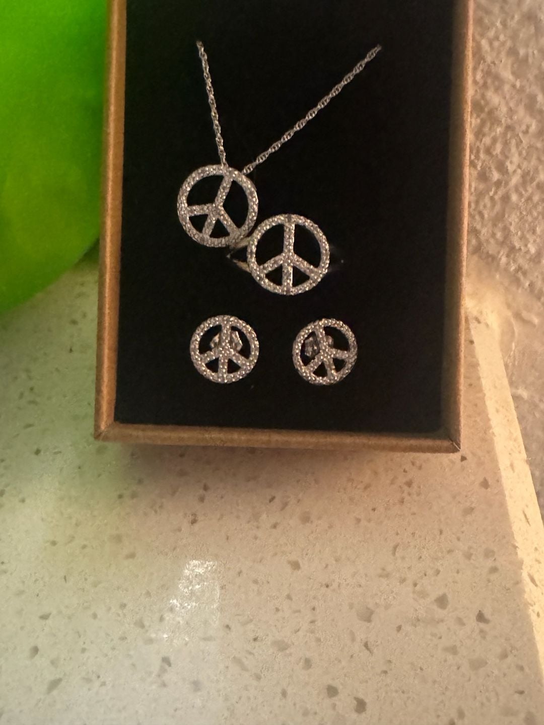Silver Diamond Pave Peace Sign Jewelry Set Necklace Ring Earrings 2