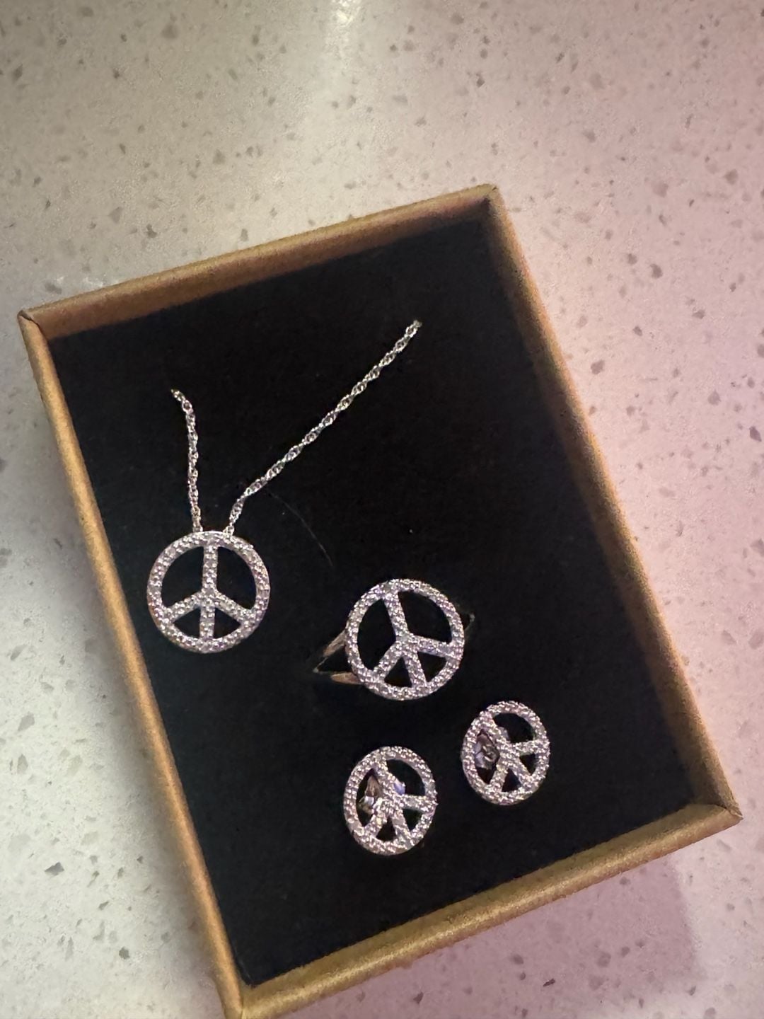 Silver Diamond Pave Peace Sign Jewelry Set Necklace Ring Earrings 3