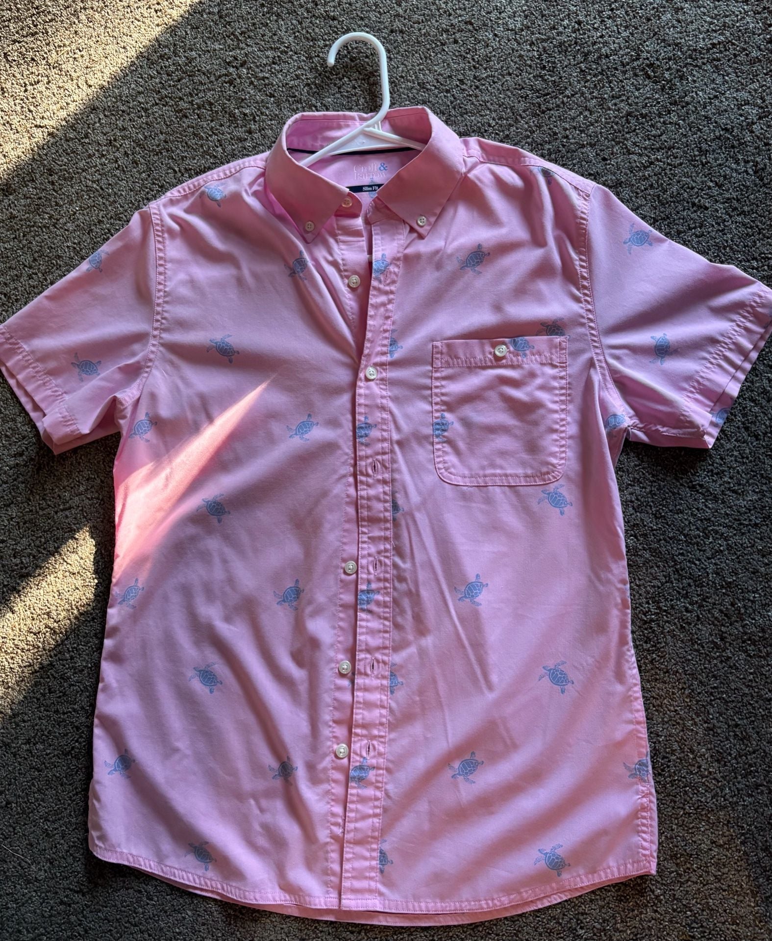 Croft & Barrow Button-Down Shirt Pink Turtle Print Short Sleeve Slim Fit 2